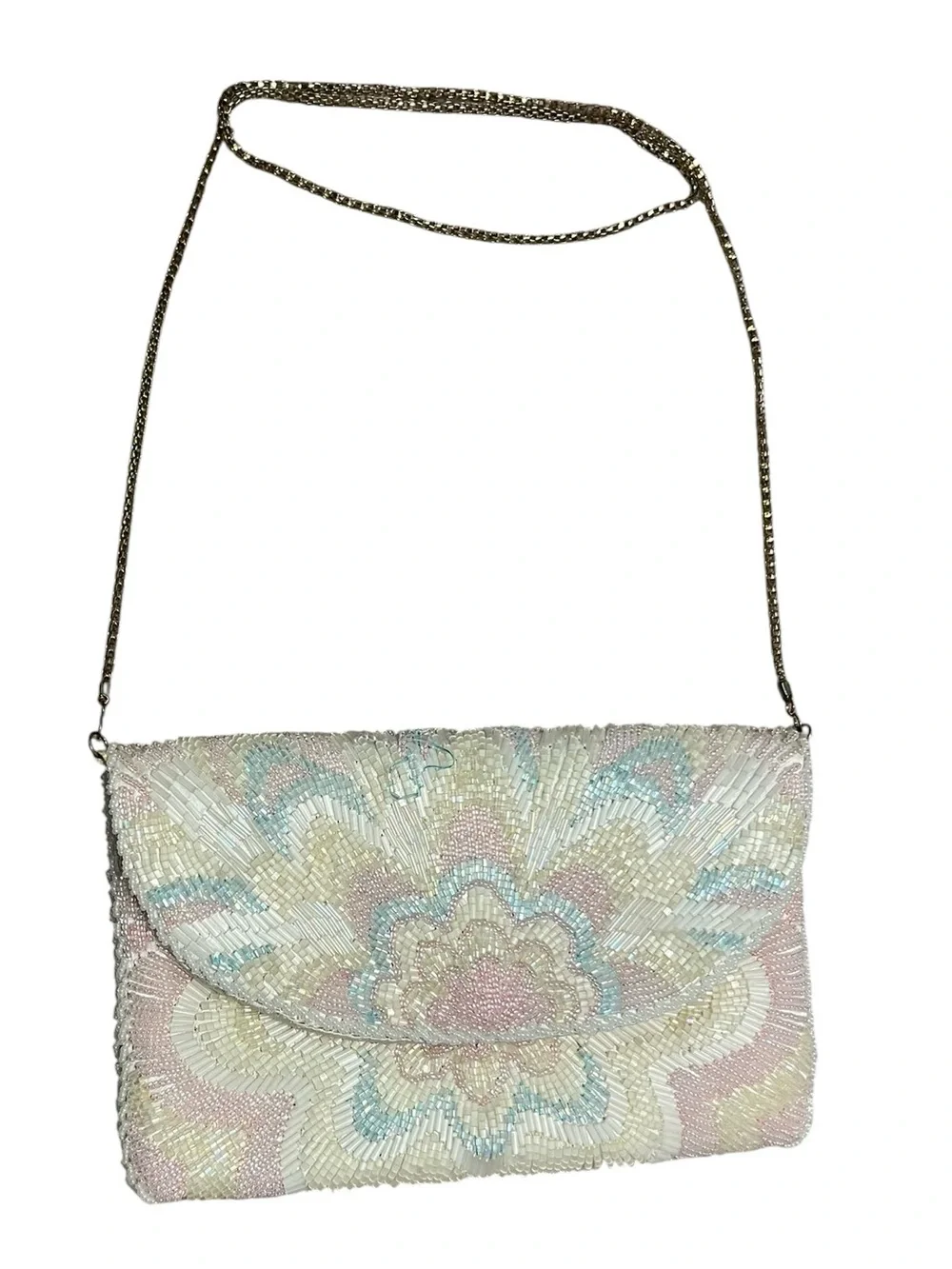 Vintage Studio 18 for La Regale 90s Pastel Floral Beaded Clutch | Gold Chain Bag